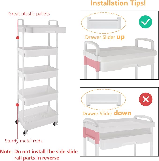 Calmootey 5-Tier Rolling Utility Cart with Drawer,Multifunctional Storage Organizer with Plastic Shelf & Metal Wheels,Storage Cart for Kitchen,Bathroom,Living Room,Office,White | Space-Saving Organizer, Sturdy Plastic Shelves, Smooth-Rolling Metal Whee...