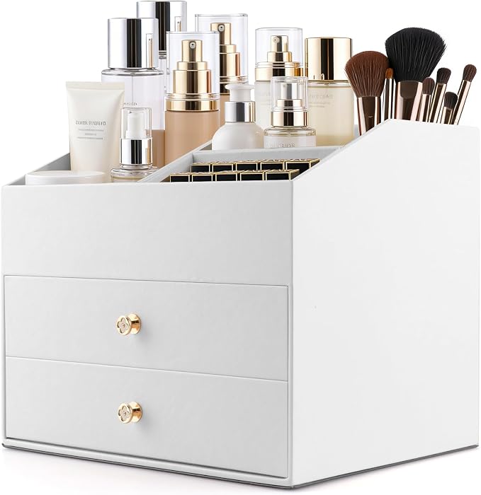 Homeanda Makeup Organizer with Drawers, PU Leather Cosmetic Storage Box Large Cosmetic Display Case for Skincare, Lipstick, Brushes, Bedroom Storage(White)