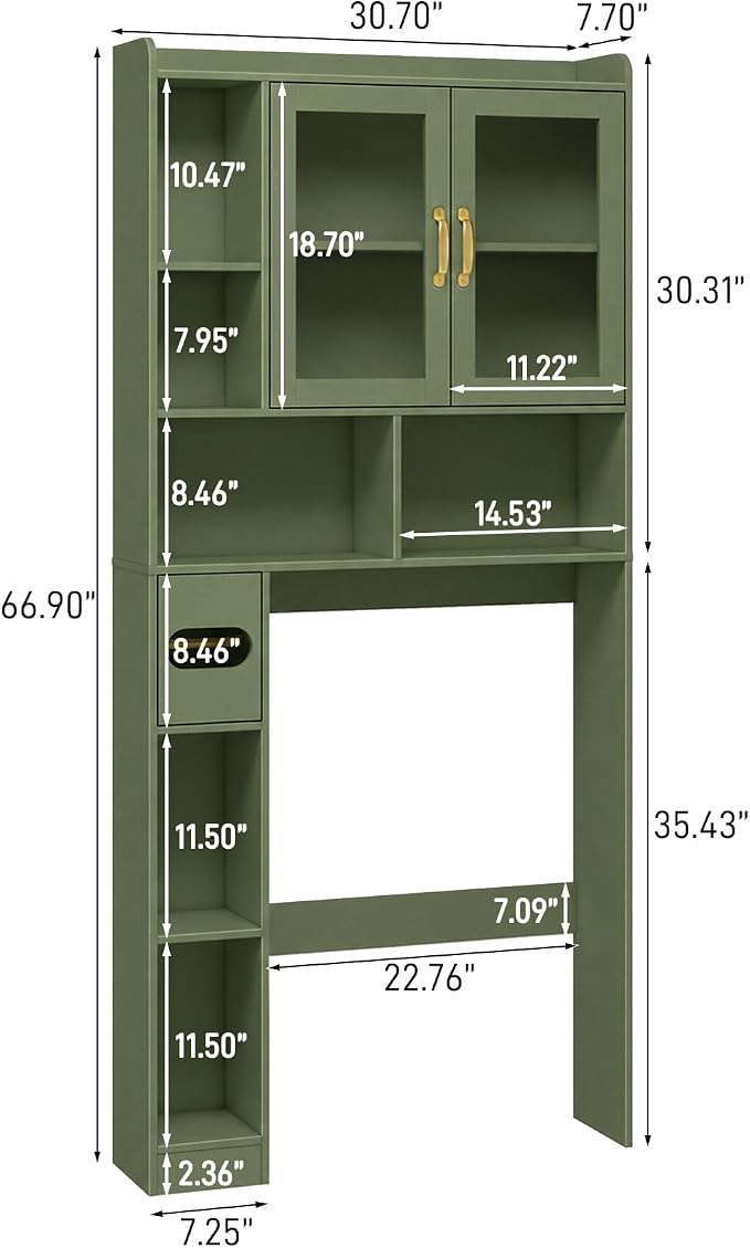 Vabches Over The Toilet Storage Cabinet, Farmhouse Storage Cabinet Over Toilet with Acrylic Doors，Home Space-Saving Toilet Rack, for Bathroom, Restroom, Laundry, Green