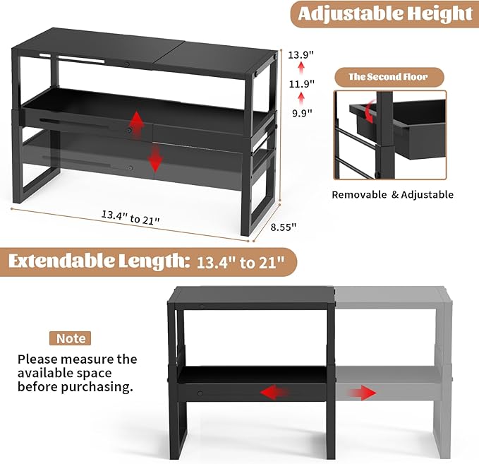 Adjustable Kitchen Countertop Organizer, 2-Tier Expandable Cabinet Counter Shelves, Heavy Duty Steel Pantry Organizers and Storage Shelf Rack Stand Riser, Adjustable Length & Height, Black