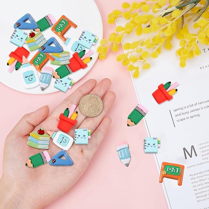 SUNNYCLUE Resin Cabochons Back to School Resin Charms Teacher School Themed Resin Charms No Hole Flat Back Brush Pencil Eraser Ruler Notebook Shape Colorful Cabochon for Hair Clips DIY Crafts