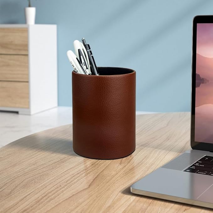 Leather Pen Holder, Brown Pencil Holder, Desktop Elegant Pen Holder for Desk, Stationery Organizer for School Office Home Dorm (3.3" x 3.3" x 4", Brown)