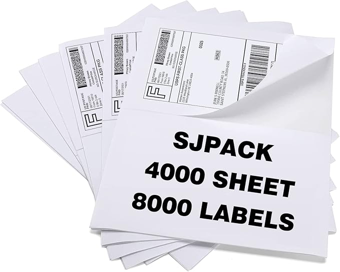 SJPACK 8000 Half Sheet Laser/Ink Jet Shipping Labels Mailing Labels 5-1/2" X 8-1/2"