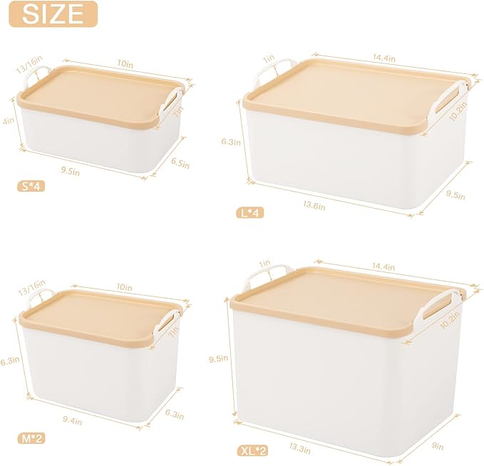 ANMINY 12PCS Plastic Storage Bins Containers with Lids, Large Storage Organization Bins Boxes, Lidded Plastic Storage Baskets for Closet Shelves Desktop, Wheat Lids, 2XL + 4L + 2M + 4S