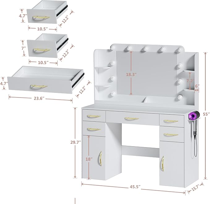 ALEXNUTRE 45.5" Vanity Desk with Mirror and Lights, Makeup Vanity with Lights 3 Models Settings & Power Outlet, Vanity Desk with 5 Drawers, 2 Cabinets, Shelves, Makeup Vanity for Bedroom, White