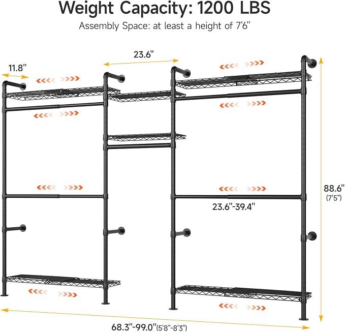 ONBRILL H3 Plus Expandable Wall Mounted Closet System, 5.7FT-8.2FT Closet Organizer with 4 Telescopic Shelves & 5 Adjustable Rods, Industrial Pipe Clothing Rack for Walk-in & Reach-in Closet (Black)