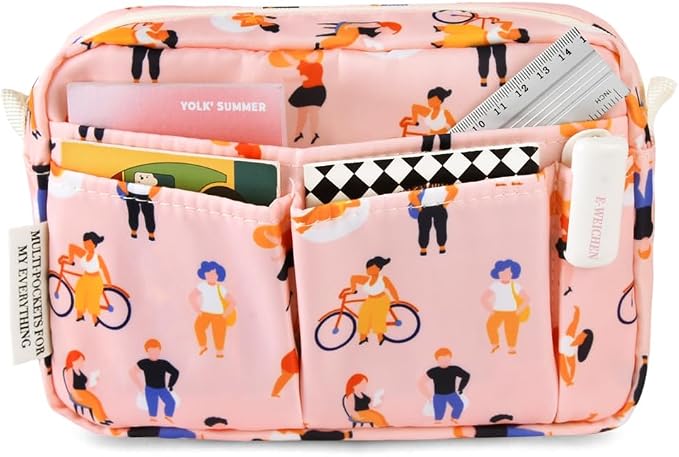 E-WEICHEN Multiple Pockets Portfolio Organizer with Zippered, Makeup Bag Travel Essentials for Women, Simple Waterproof Stationery Pencil Pouch Bag for Journal Office Art Supplies.Pink People
