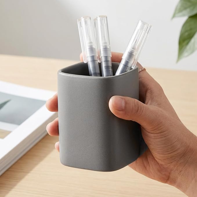 Ceramic Pen Holder Set of 2, Matte Square Pencil Cup for Desk, Heavyweight Stoneware Desk Organizer for Office Front Desk & Vanity, Modern Pen Cups Holder, Non-Slip Base - Matte gray
