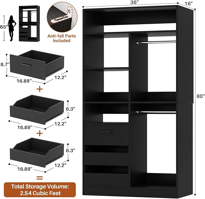 36 Inches Modular Closet Drawers System, 3FT Wood Closet Organiser with Closed & Half-Open Drawers, Walk-in Freestanding Wardrobe Storage Cabinet with 6 Shelves, Black (36"L x 15" W x 80" H)