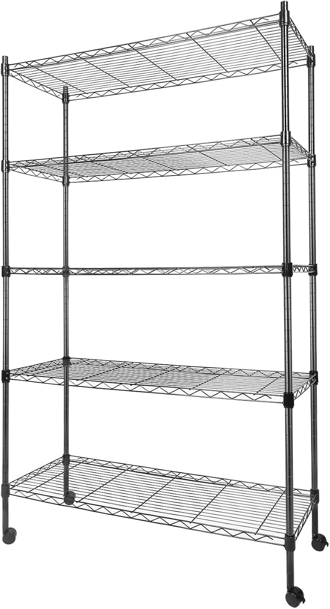 Whitmor 5 Tier Metal Storage Shelves, Heavy Duty with 4 Wheels & Adjustable Feet, 400 lbs Capacity per Shelf, Max 2000 lbs Total for Home, Garage, Workshop, 36" L x 14" W x 60" H, Black
