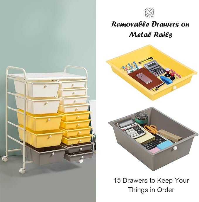 LUARANE Rolling Cart with 15 Drawers, Craft Storage Cart with Portable Handles & Lockable Wheels, Mobile Toys Organizer, Large Capacity Utility Drawer Cart Home Office School Teacher (Yellow)