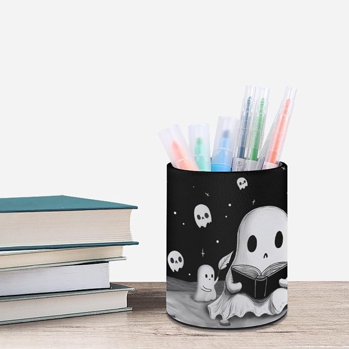 Cute Ghosts Pen Holder Pencil Cup for Desk Organizer | Cute Makeup Brush Holder PU Multifunctional Office Suppliesfor Decor Home Classroom School