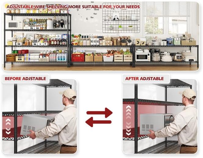 REIBII 75.62" H Storage Shelves 2480LBS Garage Shelving with Wheels Heavy Duty Metal Shelving for Storage Adjustable Pantry Shelf for Kitchen Garage Commercial, 75.62" H X 24.02" D X 55.52" W, 2PCS