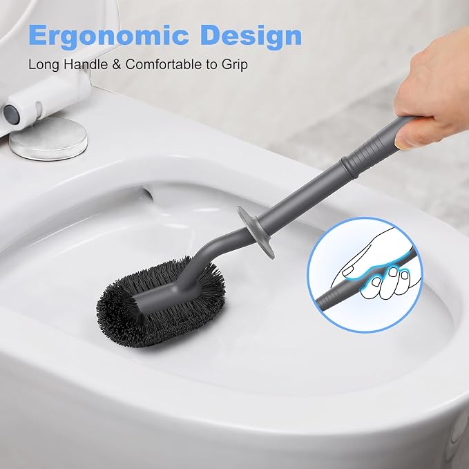 HAMITOR Toilet Bowl Brush Holder Set: Curved Design with Holder for Deep Cleaning Under Rim - Compact Hidden Cleaner Scrubber for Small Space - Home RV Bathroom Accessories - Gray 2 Pack
