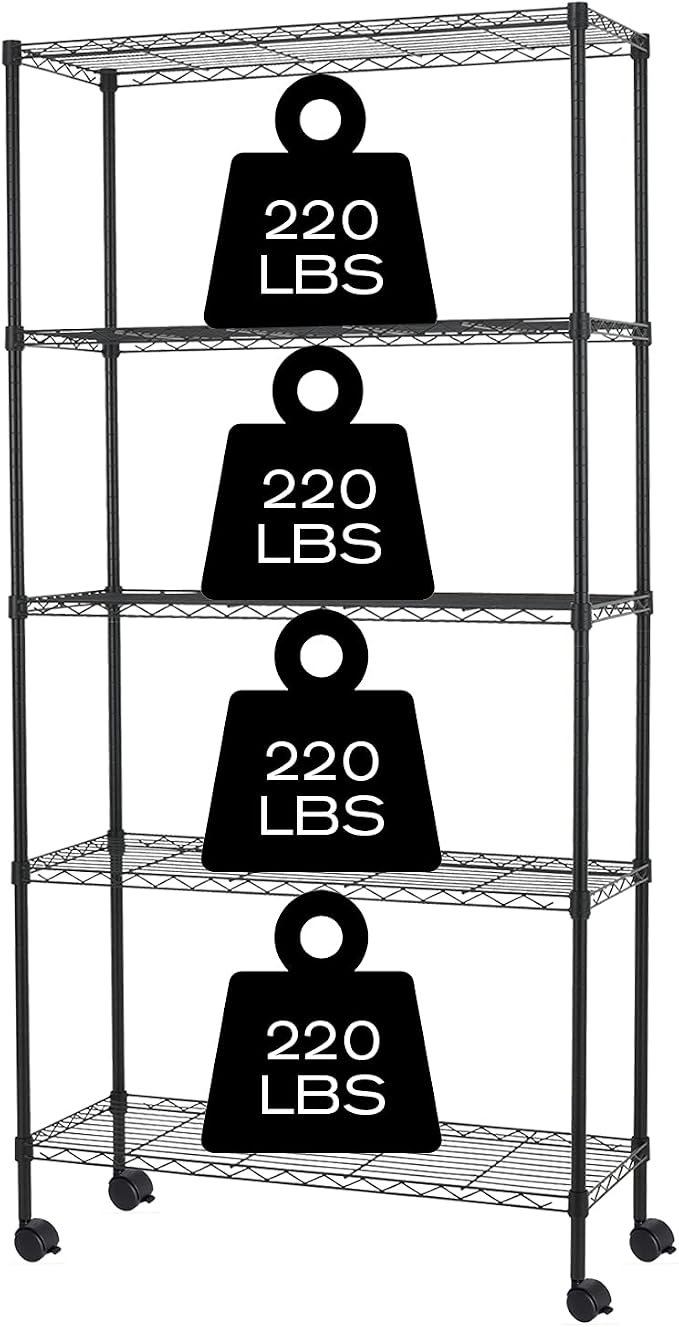 HCY 5-Tier Shelving Unit Storage Shelves with Wheels Heavy Duty Metal Rack NSF Height Adjustable for Laundry Bathroom Kitchen Garage Pantry Organization -60inx30inx14in(Black)