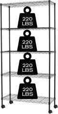HCY 5-Tier Shelving Unit Storage Shelves with Wheels Heavy Duty Metal Rack NSF Height Adjustable for Laundry Bathroom Kitchen Garage Pantry Organization -60inx30inx14in(Black)