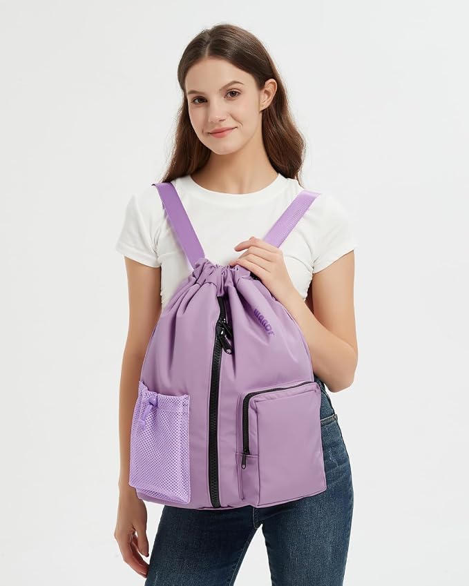 WANDF Drawstring Backpack with Shoe Compartment, Sports Gym Bag | Multi-Pocket Storage, Water-Resistant Fabric, Cinch String Bag
