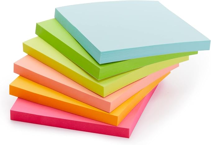 Amazon Basics Square Sticky Notes for Home, Office, School Supplies, Clean Removal, 3x3 Inches, Assorted Bright Colors, Self-Stick Pads, 70 Sheets/Pad, 12-Pack