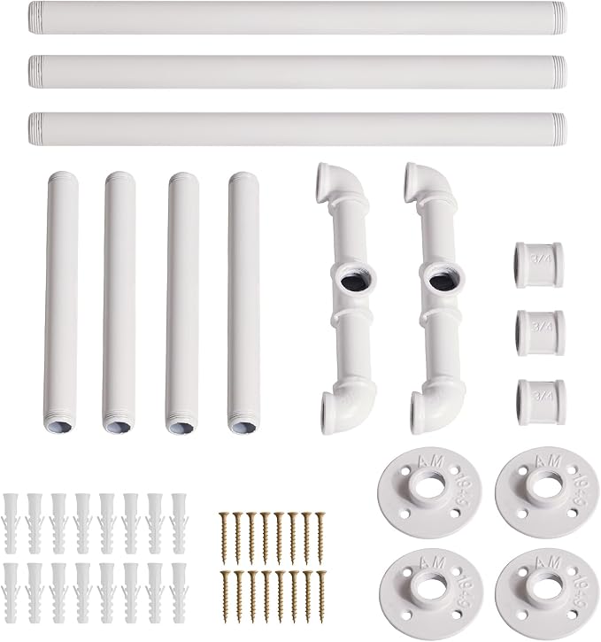 IBUYKE Industrial Pipe Clothes Rack Set of 2, 50 Inch Wall Mounted Clothing Rack, Space-Saving Hanging Closet Rod, Heavy Duty Multi-Purpose Garment Rack for Laundry Room(4 Bases), White TYJ002W-2
