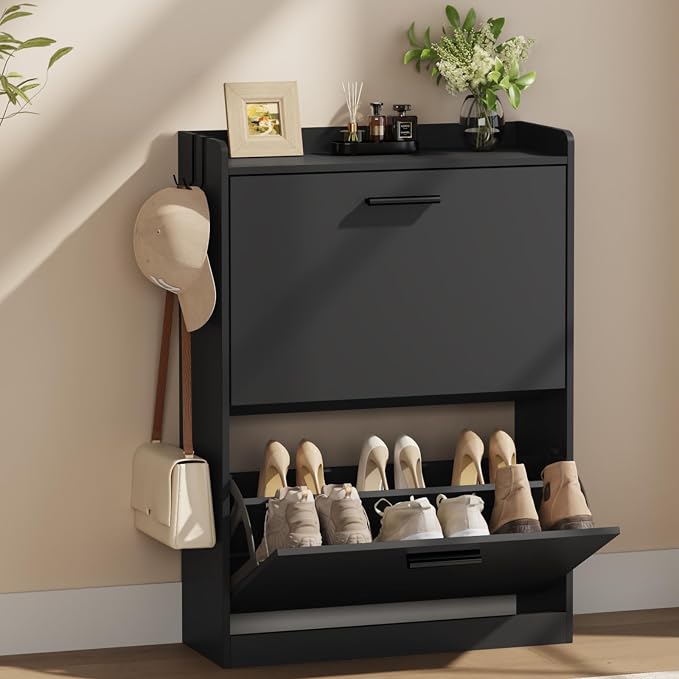 Shoe Cabinet Organizer with 2 Flip Drawers, Freestanding Shoe Rack Cabinet, 23.6" W × 6.3" D × 33.1" H Narrow Shoe Cabinet Storage for Entryway, Foyer, Hallway, Black