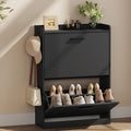 Shoe Cabinet Organizer with 2 Flip Drawers, Freestanding Shoe Rack Cabinet, 23.6" W × 6.3" D × 33.1" H Narrow Shoe Cabinet Storage for Entryway, Foyer, Hallway, Black