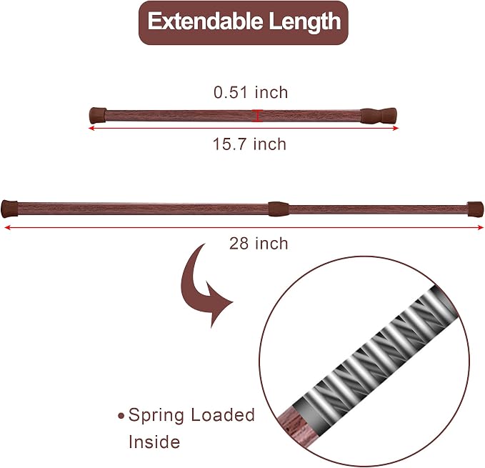 SIQUK 6 Pack Cupboard Bars Adjustable Spring Tension Rods Wood Grain Refrigerator Bar Extendable Rod for DIY Projects, 15.7" to 28"