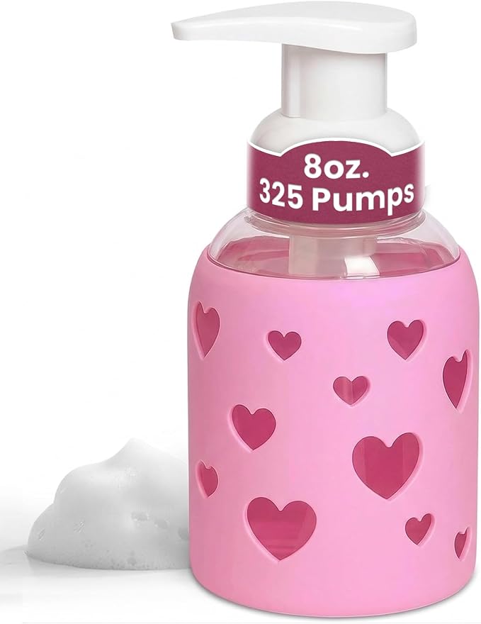 SoCal Suds & Company Foaming Hand Soap Dispenser Glass, Liquid Soap Pump with Heart Silicone Sleeve, Refillable Bottle for Kids, Baby Wash & Shampoo, Ideal for Bathroom & Kitchen Use, Bright Pink, 8oz