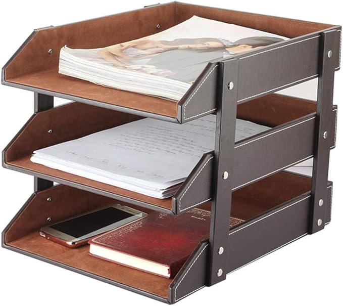 Very Sturdy 3 Tier Leather Desk File Rack for Office Supplies/Stationery/Folder,Stackable Letter Tray Organizer,Document Filing Organizer Holder for Desktop Storage (Brown)…
