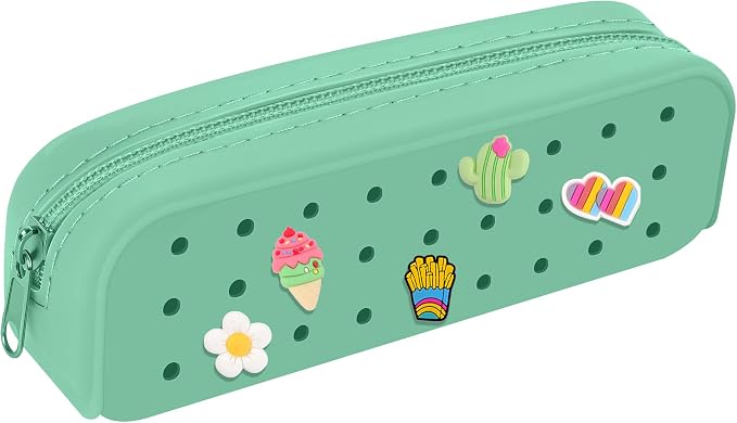 BestStone Silicone Small Pencil Pouch – Small Pencil Case with DIY Holes and 10 Decorative Charms, Multipurpose Makeup Bag or Stationery Organizer, Large Capacity(Lake Green)