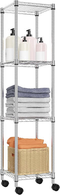 M MZG Storage Shelves Adjustable, 4 Tier Shelving Units for Storage with Wheels, Corrosion Resistant Wire Shelving Unit for Kitchen Closet Bathroom Office, Chrome 11.8" D x 11.8" W x 48.1" H