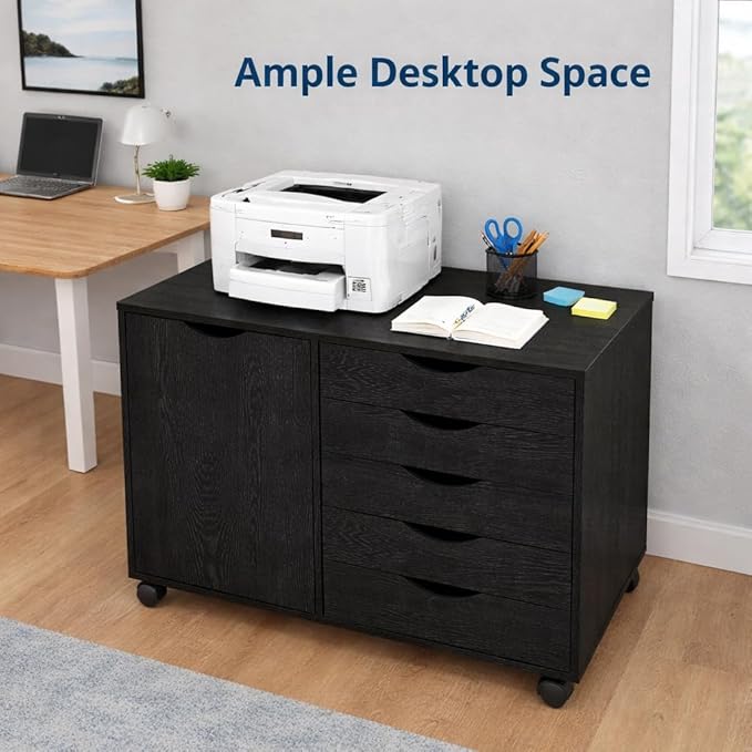 Naomi Home Wooden 5 Drawer Office File Cabinet with Shelves and Wheels, Mobile Storage Cabinet with Drawers for Home Office, Ideal for Under Desk or Printer Stand Use in Distressed Black