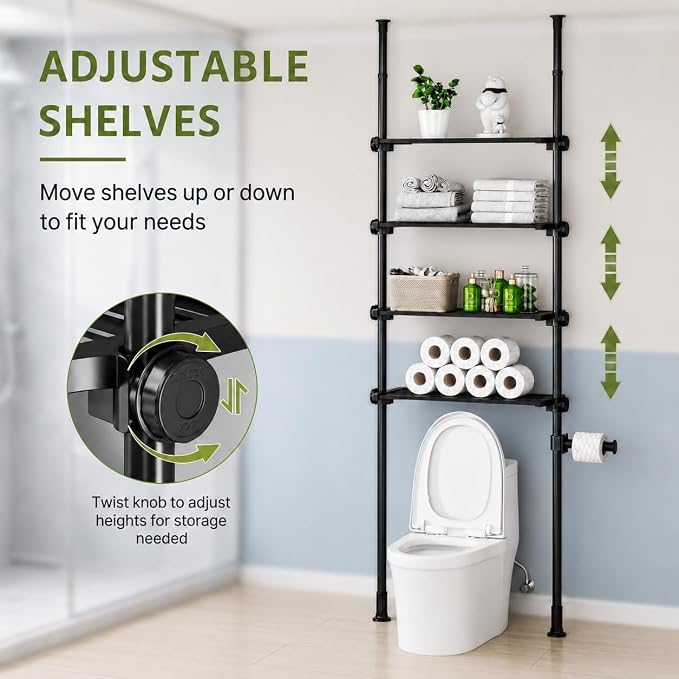 ALLZONE Adjustable Over The Toilet Storage Shelf, 4-Tier Ample Bathroom Organizer and Storage, Tension Mounted Above Toilet Storages Cabinet for Versatility, Fits 66-113 Inch Heights, Black