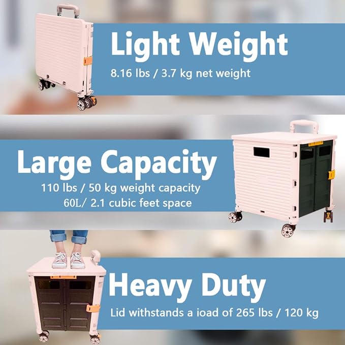 FELICON SELORSS Foldable Utility Cart Folding Portable Rolling Crate Handcart with Durable Heavy Duty Plastic Telescoping Handle Collapsible 4 Rotate Wheels for Travel Shop Move Luggage Office(Pink