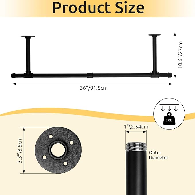Oroonoko 36 inch Industrial Pipe Clothes Rack Wall Mount For Hanging Rod Bar for Laundry Room Up to Max Load 135Lb Black