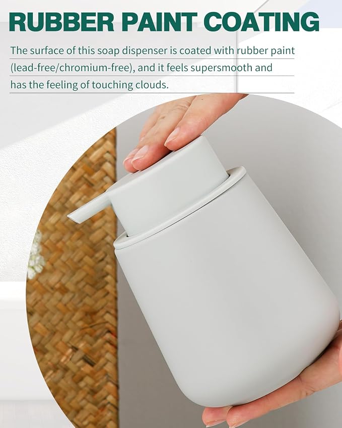 Bosilunlife 12Oz Ceramic Foam Soap Dispenser for Bathroom Kitchen Counter | Premium countertop foam pump creates delicate dense foam, stable desktop placement, Rubber Paint Light Grey