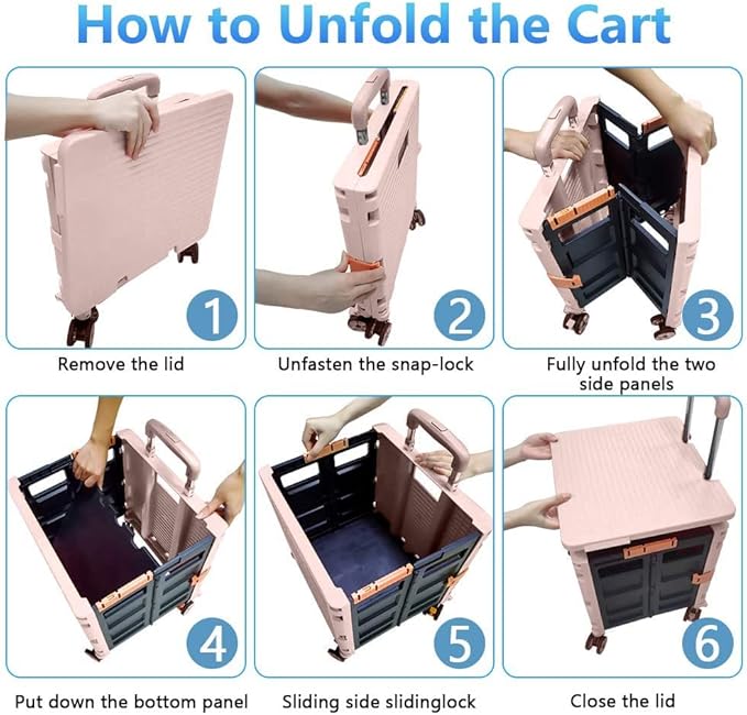 Foldable Utility Cart Portable Rolling Crate Handcart Shopping Trolley Collapsible 4 Rotate Wheels with Durable Heavy Duty Plastic Telescoping Handle for Travel Shopping Moving Storage Office Use