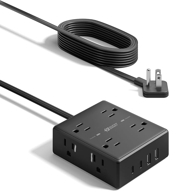 SUPERDANNY Extension Cord,Flat Plug Surge Protector Power Strip,10Ft | 8 AC & 4 USB Ports (2 USB C),Surge Protector with 1050J,Desk Charging Station for Home Office,College Dorm Room Essentials