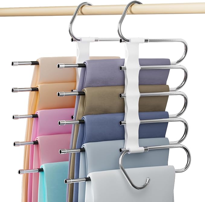 DAMITA Pants Hangers Space Saving - 2 Pack 5 in 1 Layers Stainless Steel Metal Jeans Hangers - White Closet Organizers and Storage Anti-Slip Design for Pants Skirts Scarf Legging