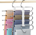 DAMITA Pants Hangers Space Saving - 2 Pack 5 in 1 Layers Stainless Steel Metal Jeans Hangers - White Closet Organizers and Storage Anti-Slip Design for Pants Skirts Scarf Legging