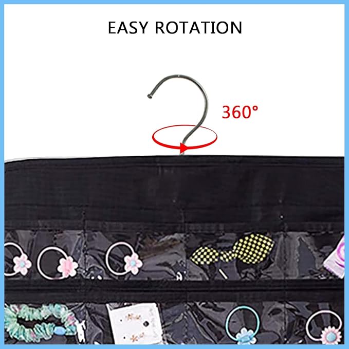 Hanging Jewelry Organizer, 80-Pocket Double-Sided, 2-Pack, Black and White | Foldable clear PVC 80-pocket storage; swivel hook fits walls, doors & rods to organize earrings, necklaces, bracelets & rings