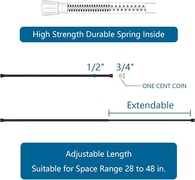 TYRON 2Pcs Spring Tension Curtain Rods for Windows 28 to 48 Inch, Black Adjustable Extendable Small Tension Rod No Drill, Room Divider Doorway Curtain Tension Rod