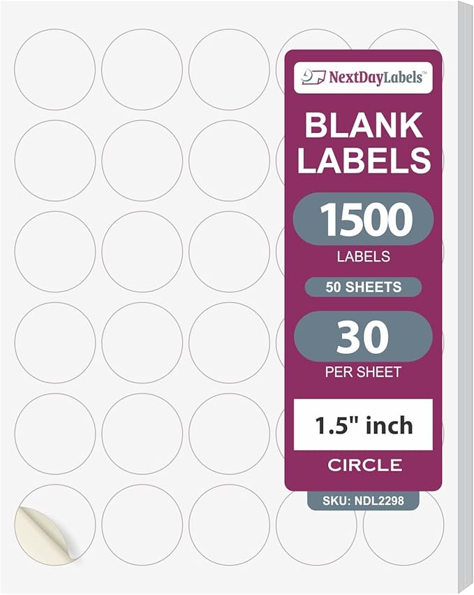 NextDayLabels 1.5 Inch Round Circle Stickers White Blank Labels for Laser Inkjet Printer - 30 Per Sheet Self-Adhesive Jar Candle Product Made in USA - 1500 Labels