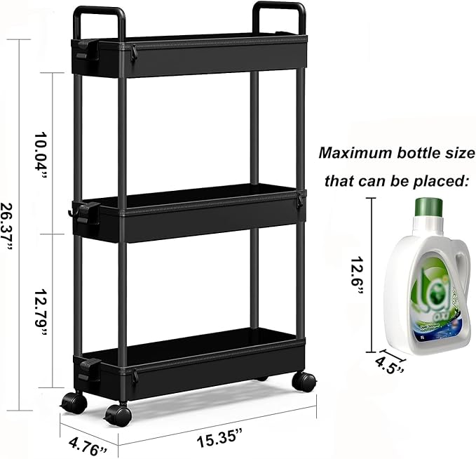 SOLEJAZZ Slim Rolling Storage Cart Skinny Bathroom Organizer, 3 Tier, Black | Thin utility cart with wheels for bathroom, laundry room, bedside, kitchen, dorm, office, next to fridge, small narrow places