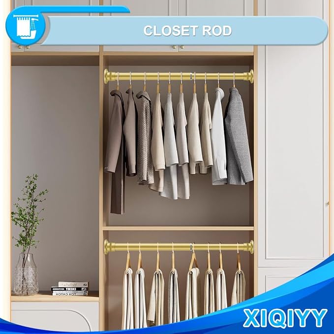 Gold Shower Curtain Rod 28-48 Inches, Adjustable Tension Rod | Spring Tension Sets It in Place with No Drilling, Built in Stainless Steel
