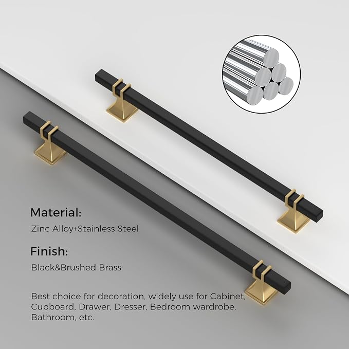 10 Pack 8 Inch Black and Gold Cabinet Pulls Kitchen Cabinet Handles, Black and Gold Cabinet Handles Square Dresser Drawer Pulls Kitchen Cabinet Hardware
