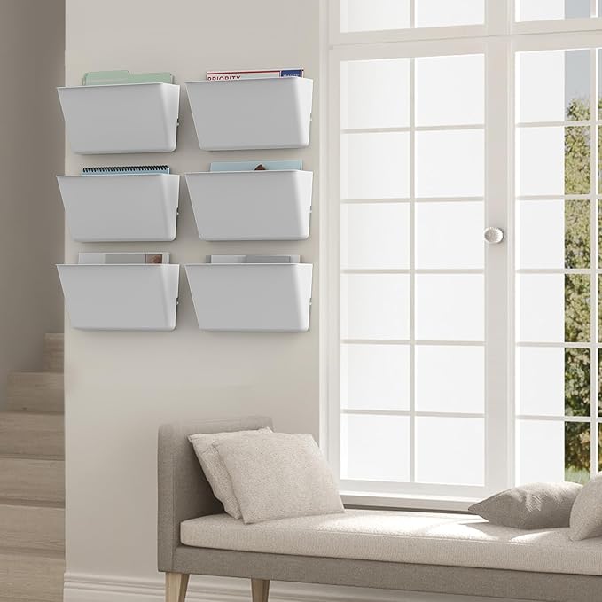 Gawerk Clear Acrylic Single Pocket, Plastic Hanging Wall Mount File Holder for Office Home (White, 6 Pack)
