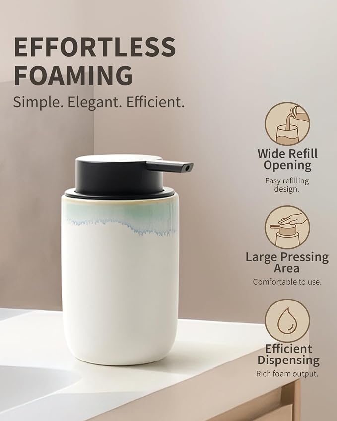 BosilunLife Hand Soap Dispenser for Kitchen, Bathroom Countertop | Foam Soap Dispenser Bathroom Ceramic Dish Liquid Soap Dispenser (White with Blue-Green Rim Foam Pump)