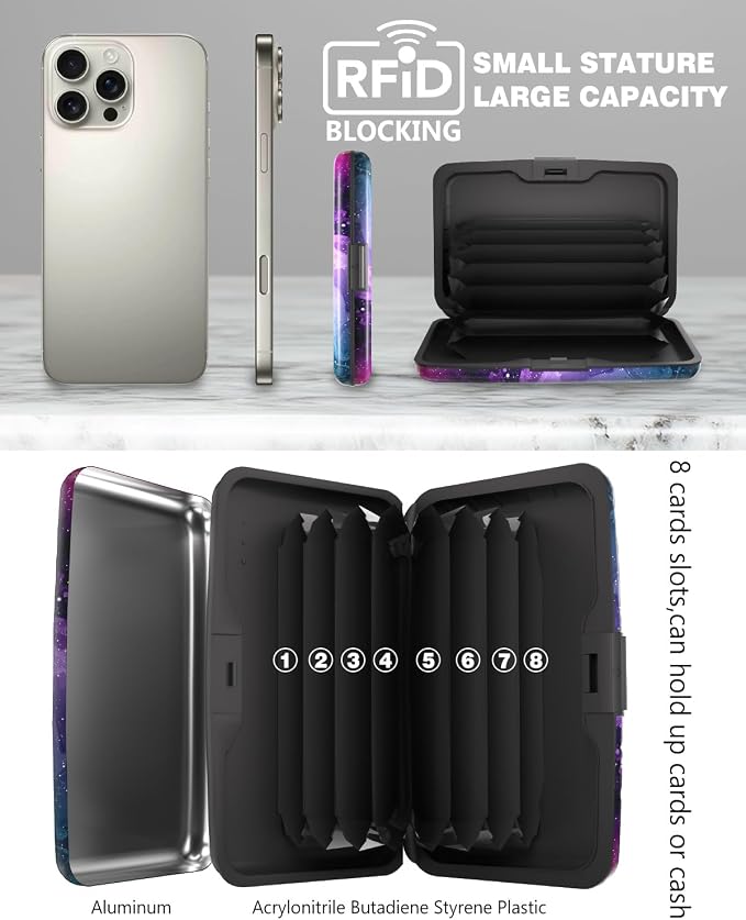 Maicican Credit Card Holder, Mini RFID Blocking Aluminum Wallet | Slim Metal Hard Case Travel Wallet ID Case for Women and Men, 4.3 x 2.9 Inches, Purple Marble