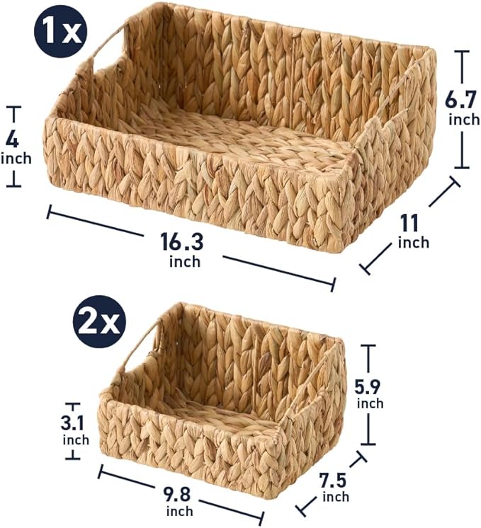 Ornavo Home 3-Pack Water Hyacinth Storage Baskets with Handles, Natural | Handwoven Decorative Natural Organizer For Shelves, Pantry, Closet Or Living Room