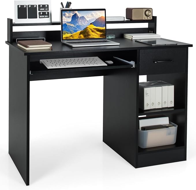GOFLAME Computer Desk, Home Office Desk with Large Drawers, Hutch, Keyboard Tray, 5-Position Adjustable Open Shelves, Easy Assembly, Writing Desk for Bedroom, Small Space, Living Room, Black